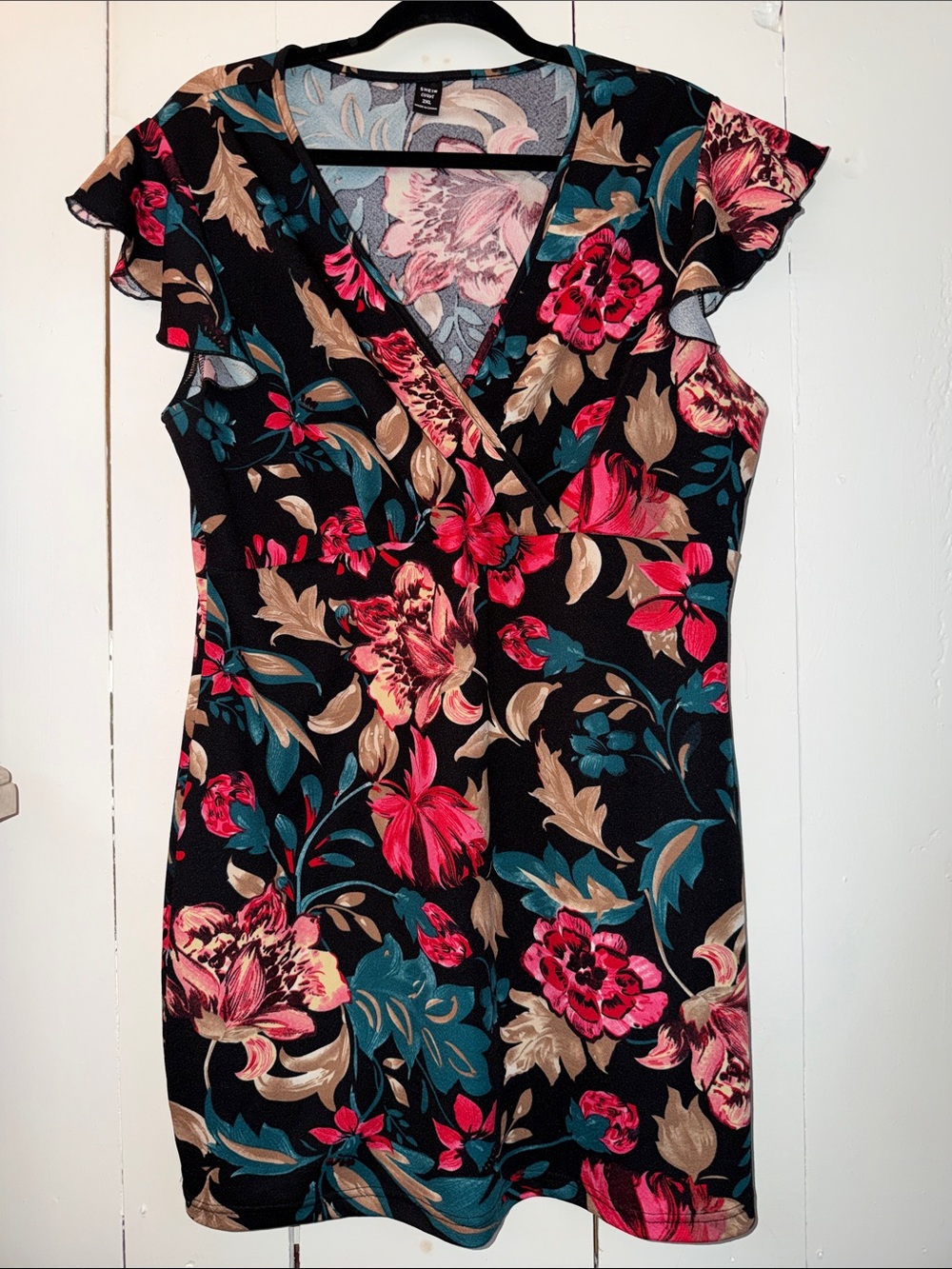 Floral Wrap-Style V-Neck Dress - Black with Pink & Teal Floral